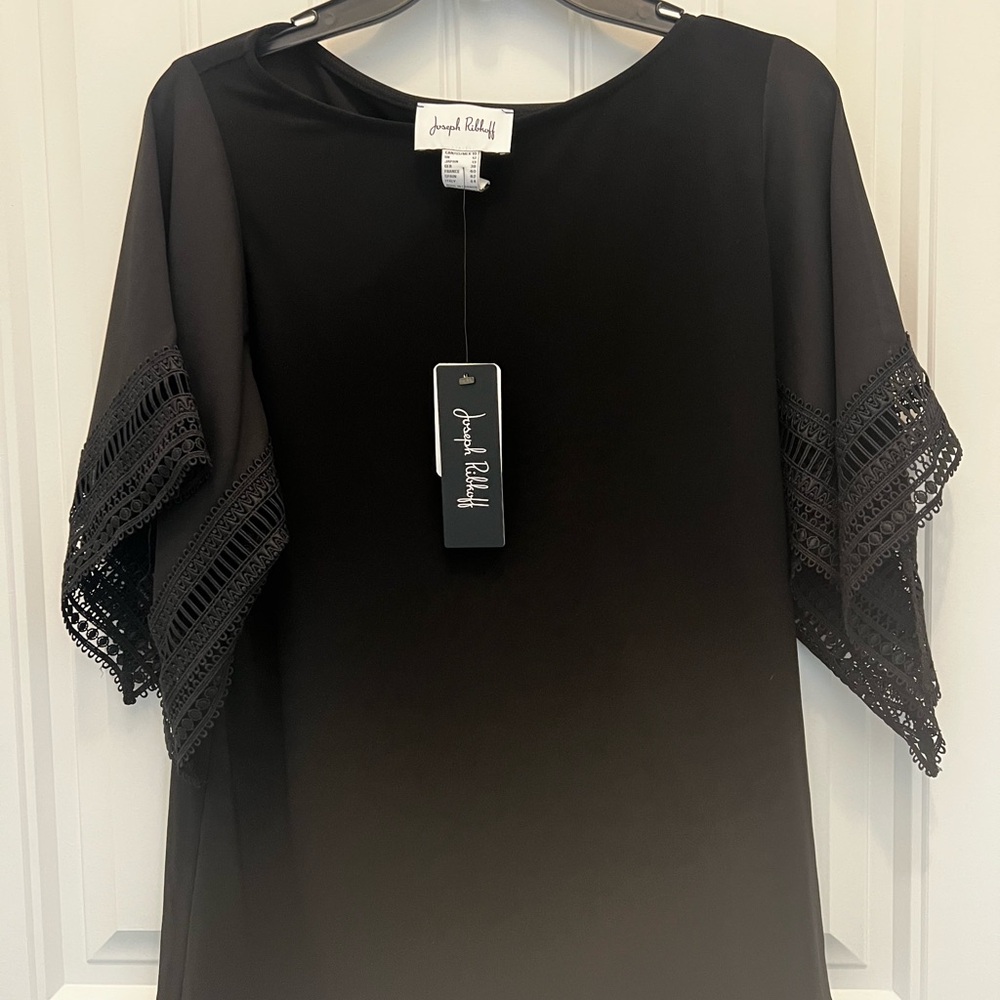 Joseph Ribkoff Black Dress with Crochet Sleeves